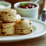 A close-up of flaky, tender sourdough scones.