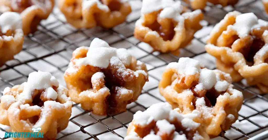 Powdered sugar being sprinkled over funnel cake bites.