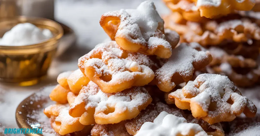 Bowl of funnel cake bites next to a sifter of powdered sugar.