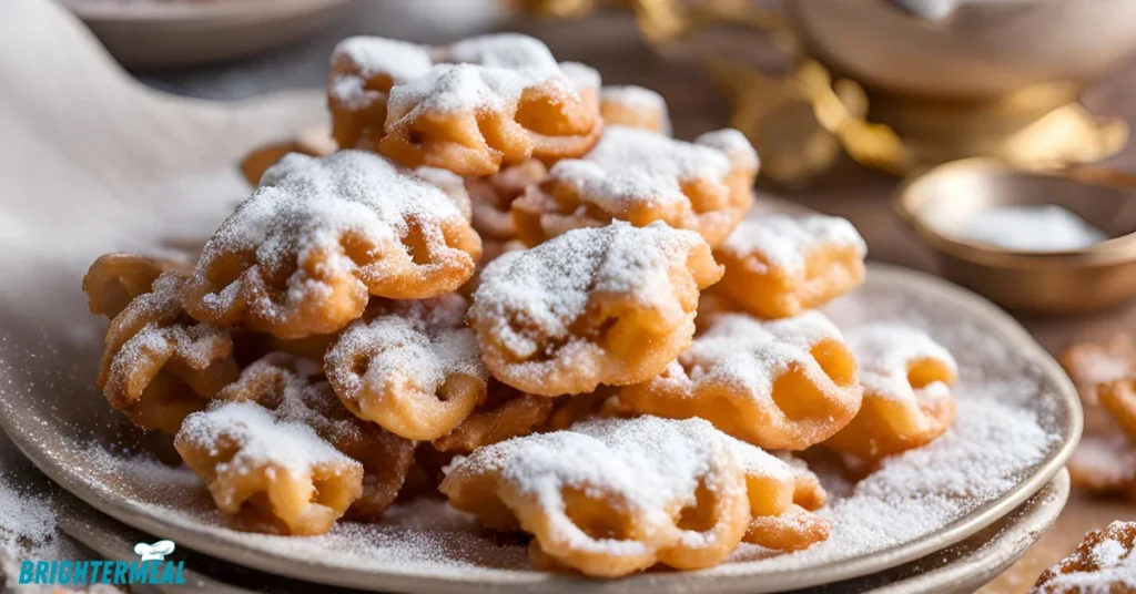 Golden funnel cake bites dusted with powdered sugar.