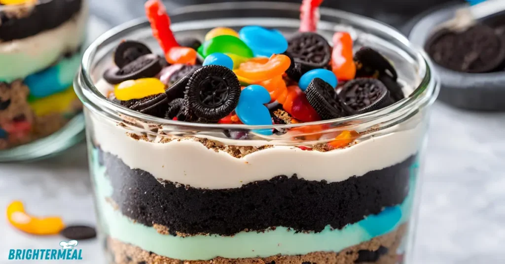 Gummy worms on top of the dirt cake for decoration.