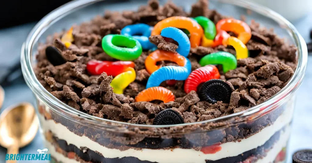 Layers of Oreo crumbs and pudding in a glass dish.