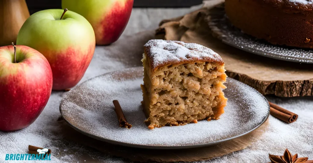 Gluten-free applesauce cake with a caramel glaze and sliced apples for garnish.
