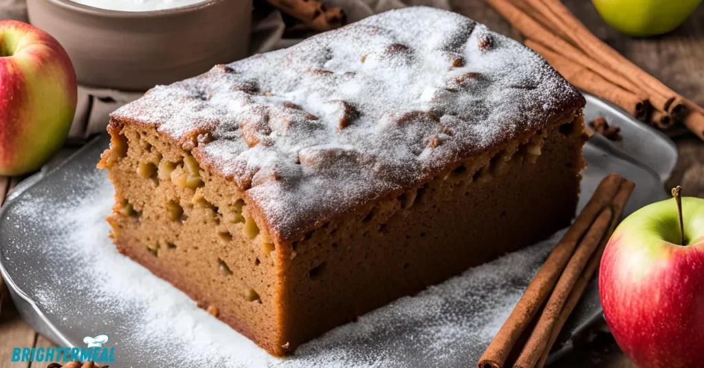 Freshly baked applesauce cake dusted with powdered sugar on a rustic table.