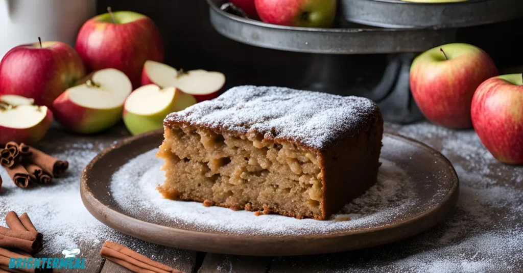 A slice of homemade applesauce cake served with a cup of coffee.