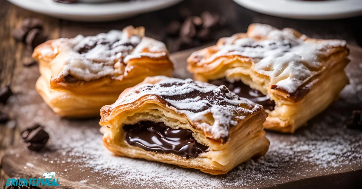 Flaky chocolate puff pastry with melted chocolate filling.