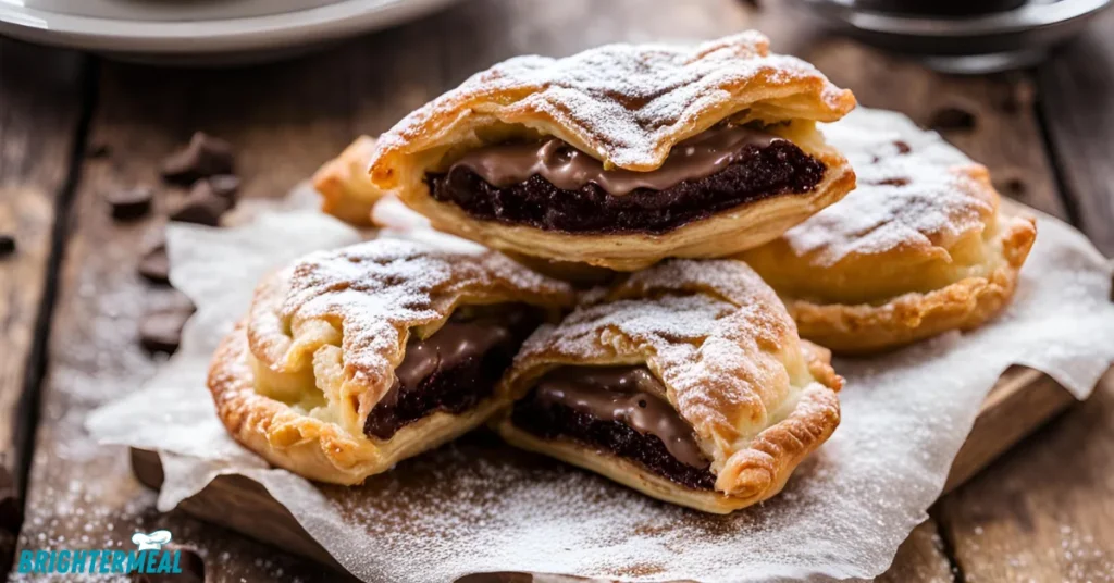 Chocolate puff pastry dusted with powdered sugar on a cooling rack.