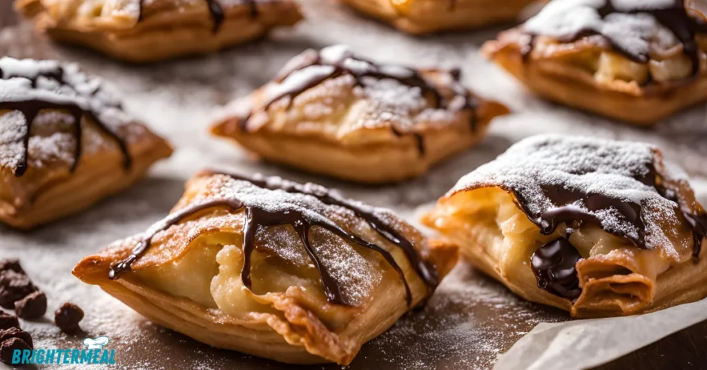 Step-by-step process of folding chocolate puff pastry squares.