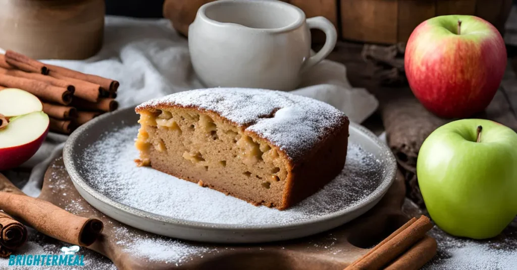 Moist applesauce cake topped with cream cheese frosting on a wooden plate.
