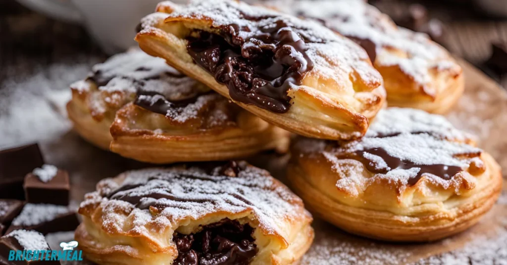 Freshly baked chocolate puff pastries cooling on a wire rack.