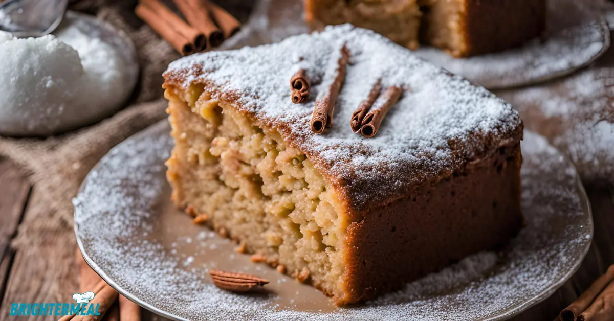 Warm applesauce cake served with a scoop of vanilla ice cream and a fork.