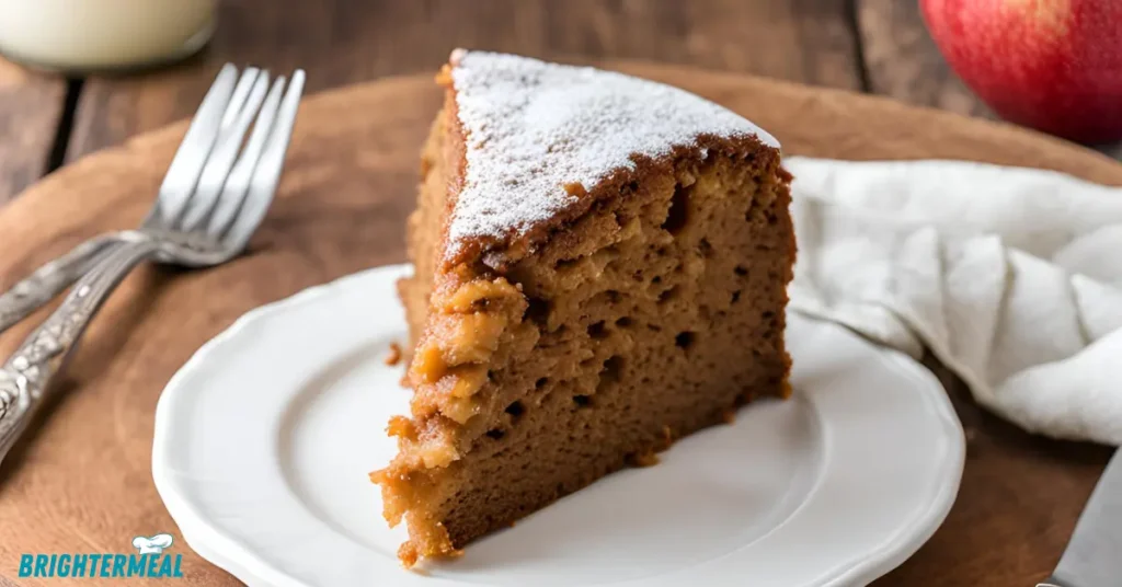 Vegan applesauce cake with chocolate chips and a drizzle of vanilla glaze.