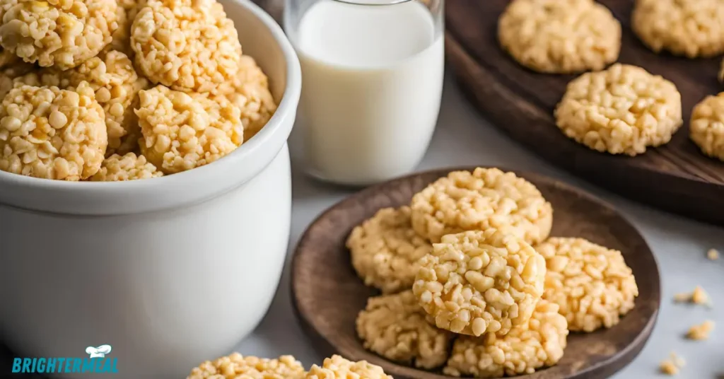 Stack of Rice Krispie Cookies with a glass of milk in the background.