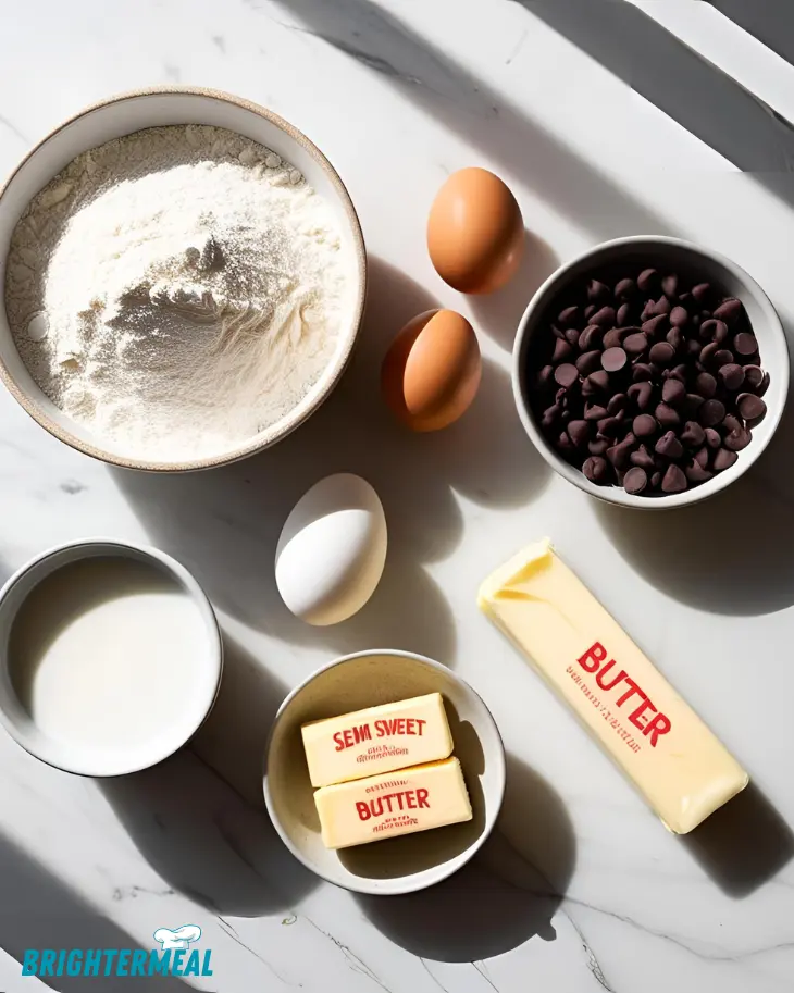 Ingredients for chocolate chip bundt cake laid out on a kitchen counter.