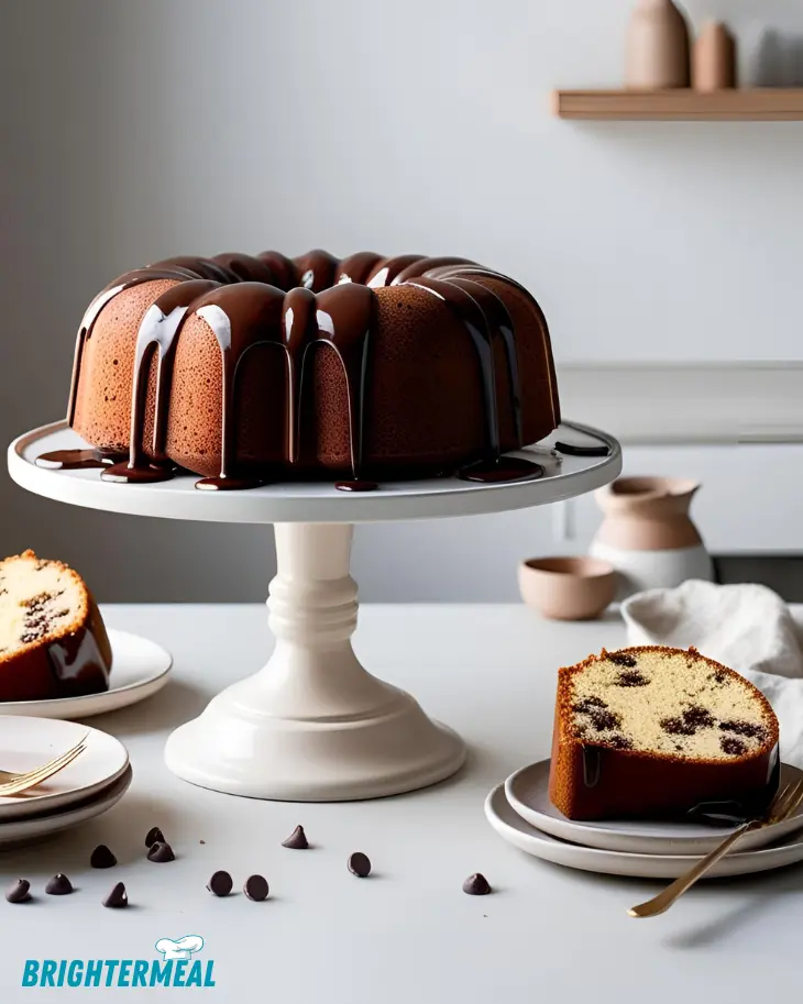 Chocolate glaze being poured over a homemade chocolate chip bundt cake.