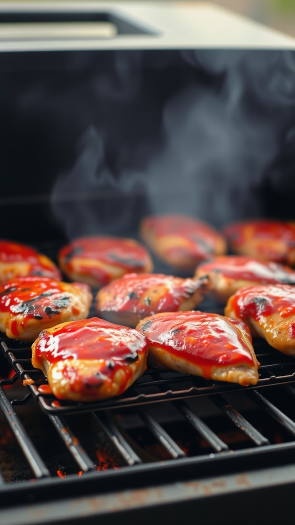 Grilled chicken breasts coated with sweet chili glaze on a barbecue grill
