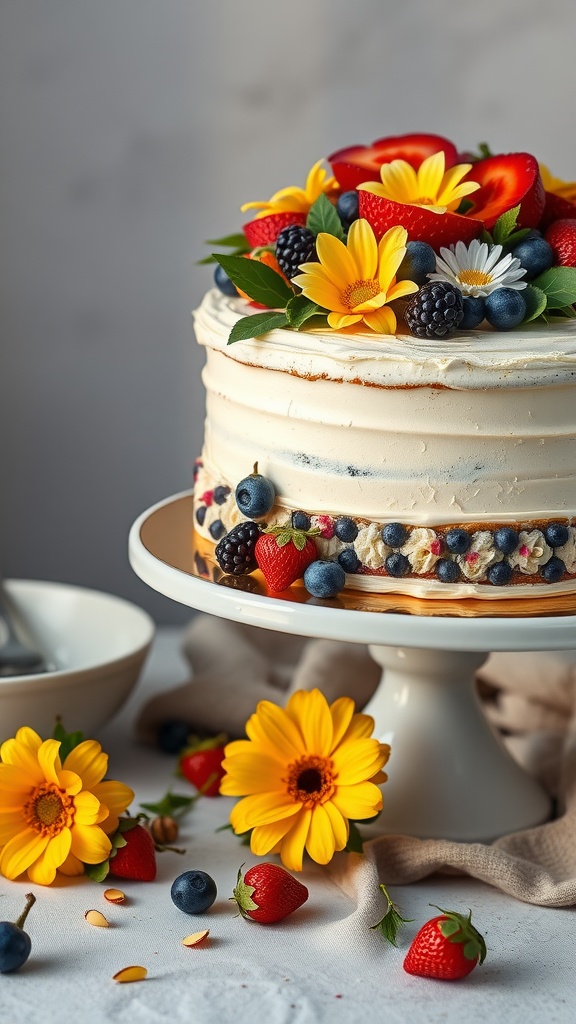 A beautifully decorated Castella sponge cake topped with fresh fruits and flowers on a cake stand.