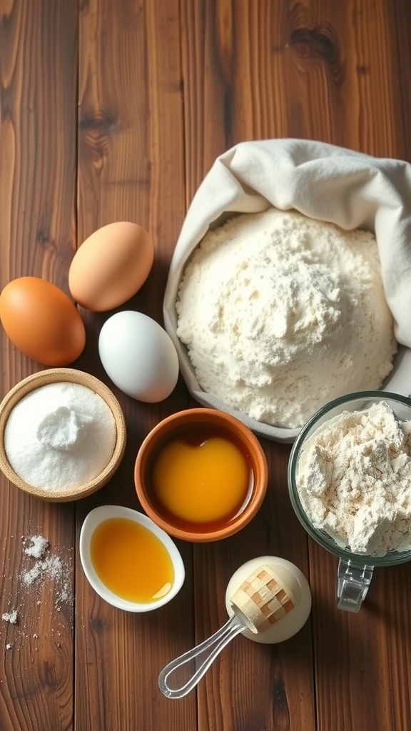 Ingredients for homemade Castella sponge cake including eggs, flour, sugar, honey, and egg yolk.