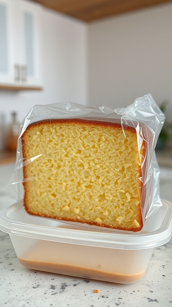 A slice of homemade Castella sponge cake stored in a plastic container, wrapped in clear plastic.