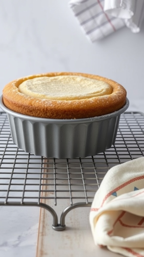 A freshly baked castella sponge cake cooling on a wire rack.