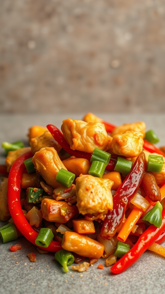 A colorful plate of sweet chili chicken with bell peppers and green onions.