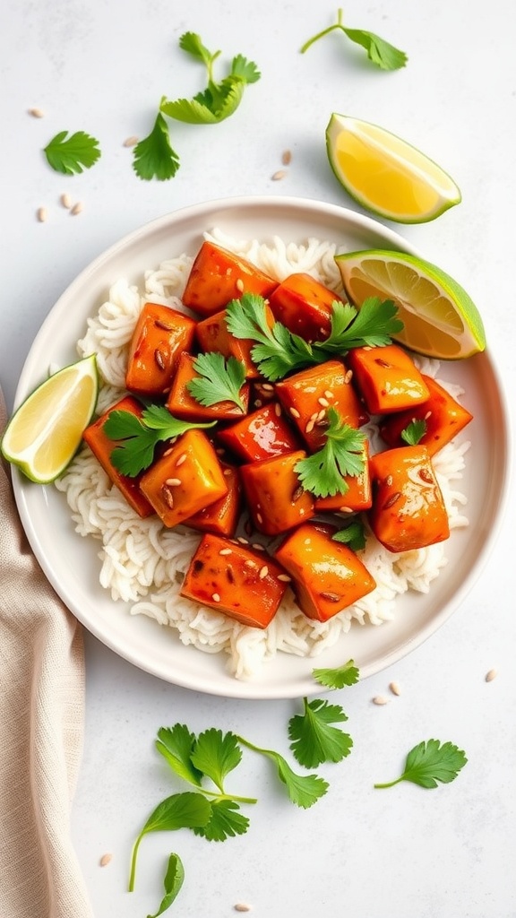 Plate of sweet chili chicken garnished with fresh cilantro and lime wedges on a bed of rice.