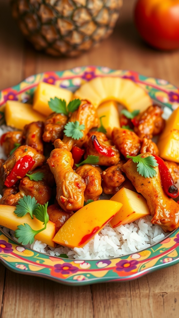 A colorful plate of sweet chili chicken with mango and pineapple, served on a decorative dish.