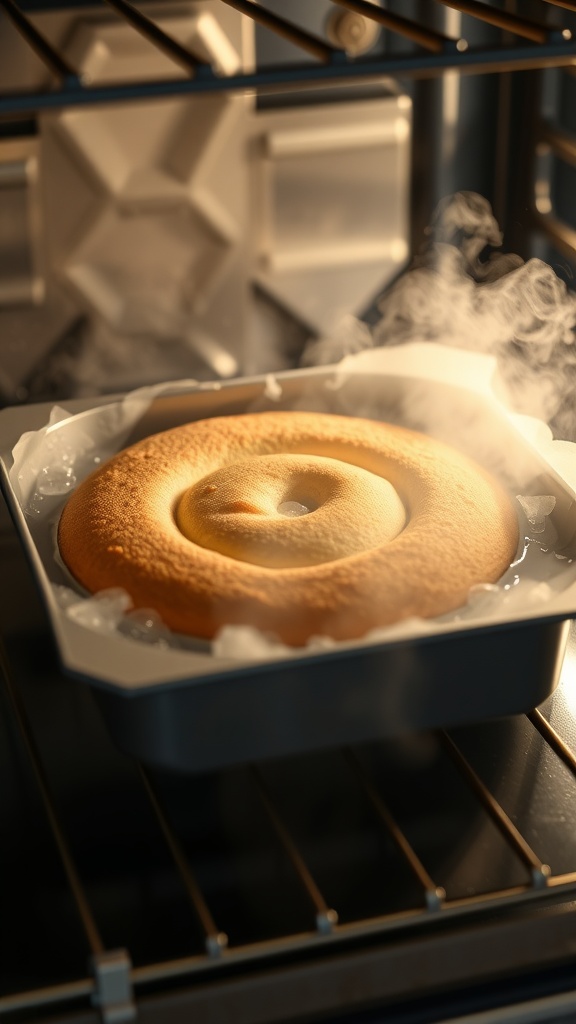 A Castella sponge cake baking in a water bath inside an oven
