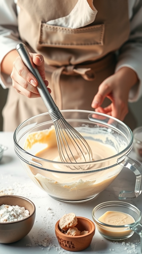 A person whisking cake batter in a glass bowl, with ingredients like flour and sugar in the foreground.