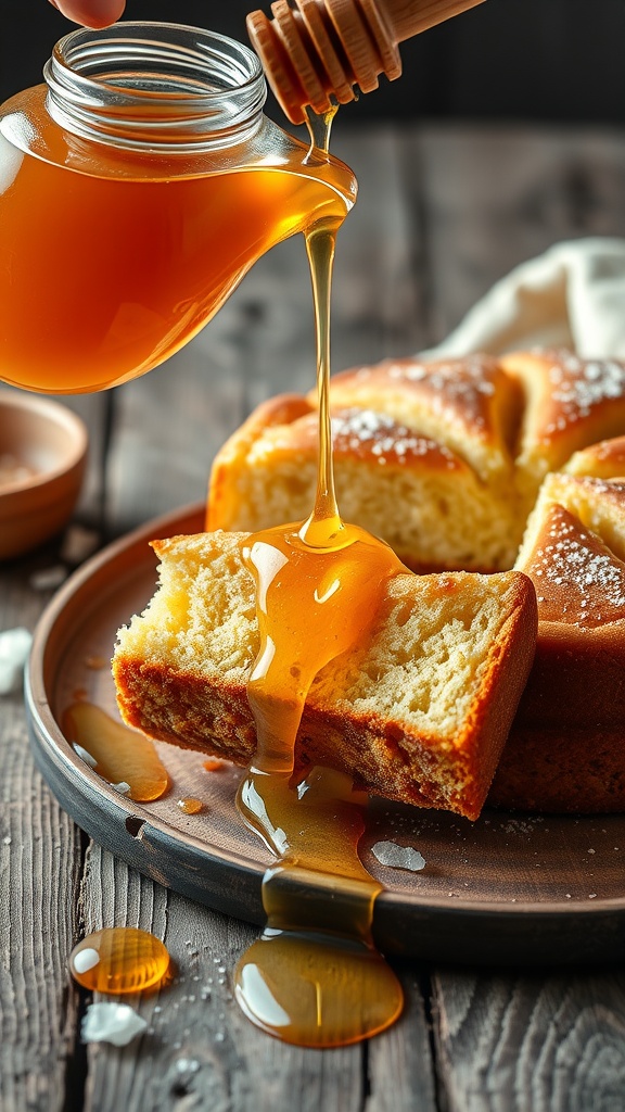 A slice of Castella sponge cake with honey being drizzled over it