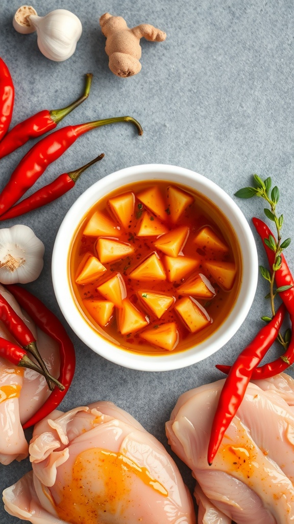 A bowl of sweet chili marinade surrounded by red chilies, garlic, ginger, and raw chicken thighs.