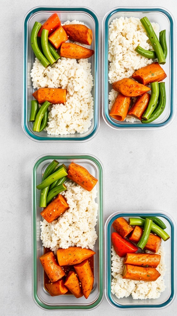 Meal prep containers filled with Sweet Chili Chicken, rice, and colorful vegetables.