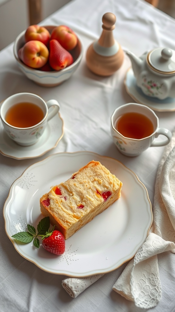 A slice of homemade castella sponge cake on a plate, with fresh strawberries, tea cups, and a bowl of apples in the background.