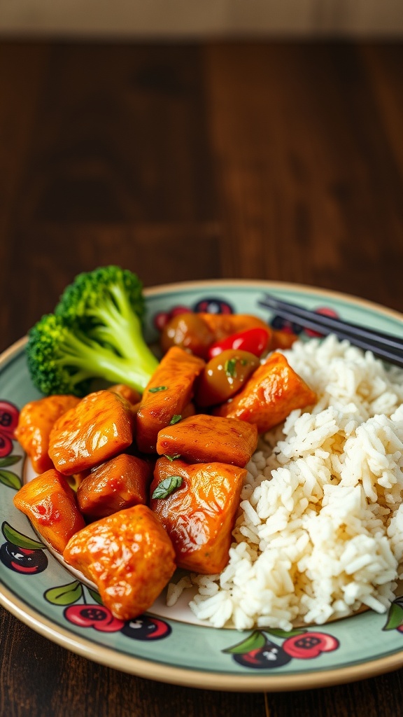 A plate of sweet chili chicken served with rice and broccoli, showcasing vibrant colors and textures.