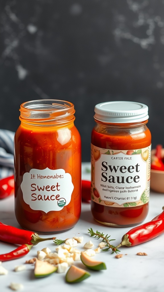 Two jars of sweet chili sauce with labels on a surface, surrounded by red chili peppers and ingredients.