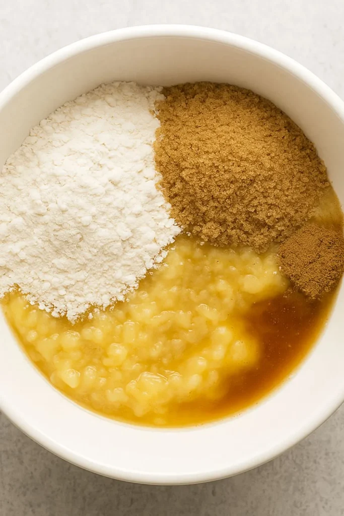 Bowl of mashed bananas and flour being mixed