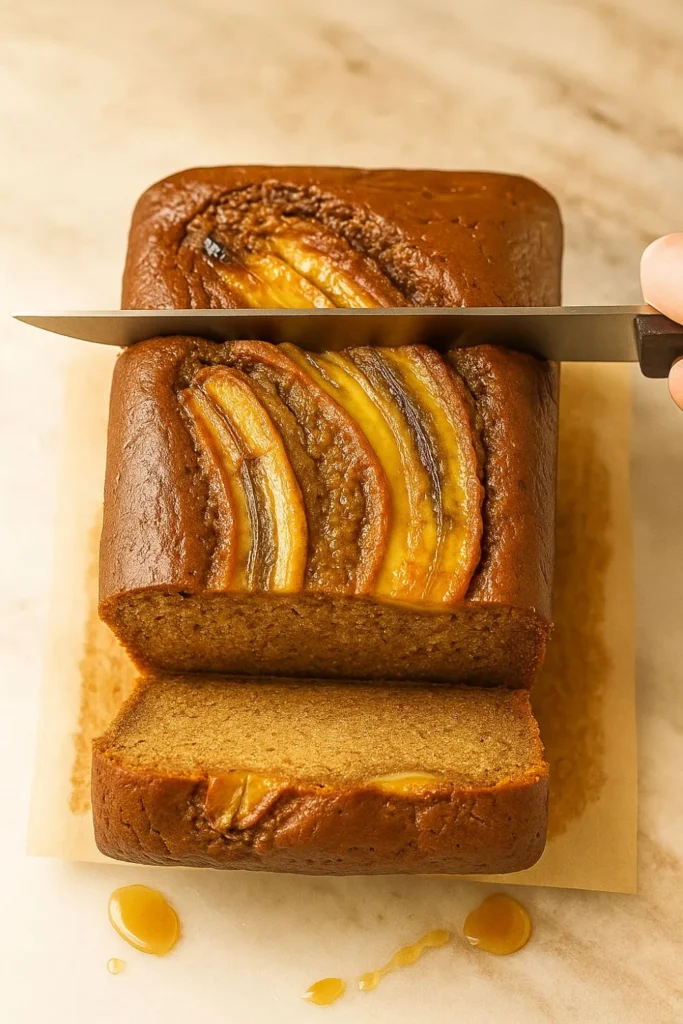 Sliced banana bread showing soft, tender crumb and golden crust