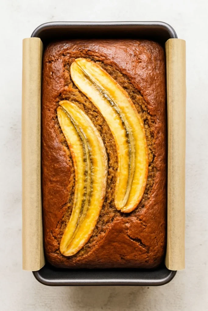 Moist and fluffy banana bread made without eggs, fresh from the oven