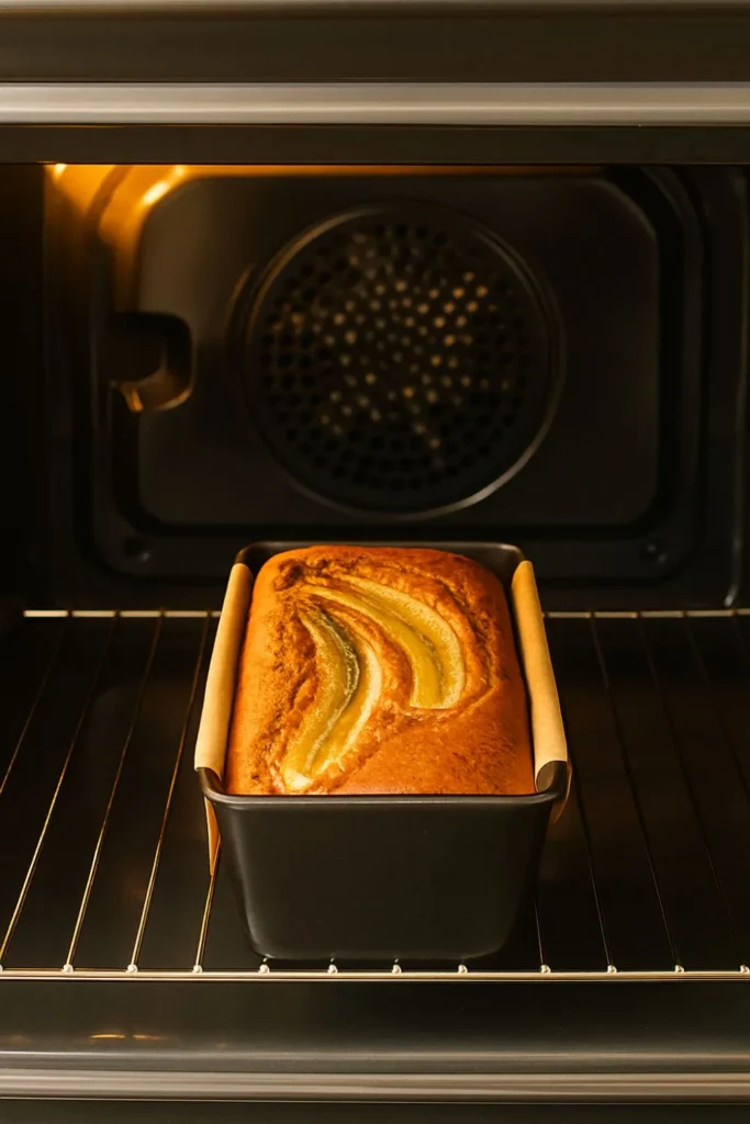 Eggless banana bread loaf topped with caramelized bananas in a baking pan