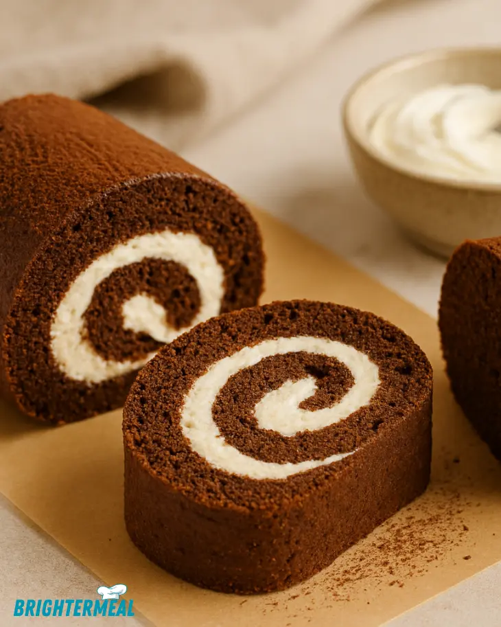 Chocolate Swiss roll sliced into even spirals with cream filling inside.