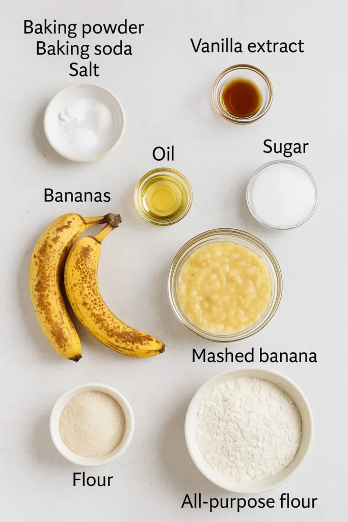 Ingredients for vegan banana bread arranged on a clean white countertop