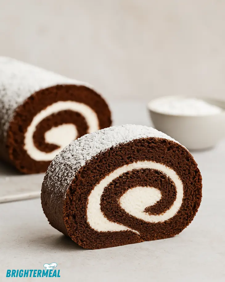 Chocolate Swiss roll cake sliced to show creamy spiral filling on a white plate.