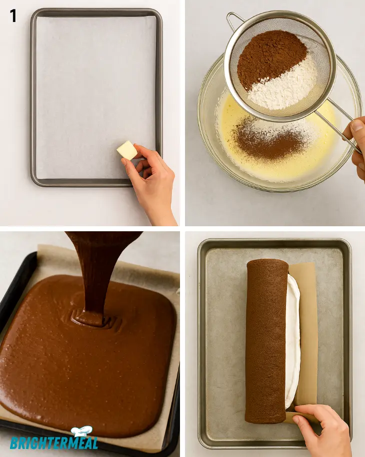 Step-by-step photos of chocolate Swiss roll preparation with whipped cream filling.