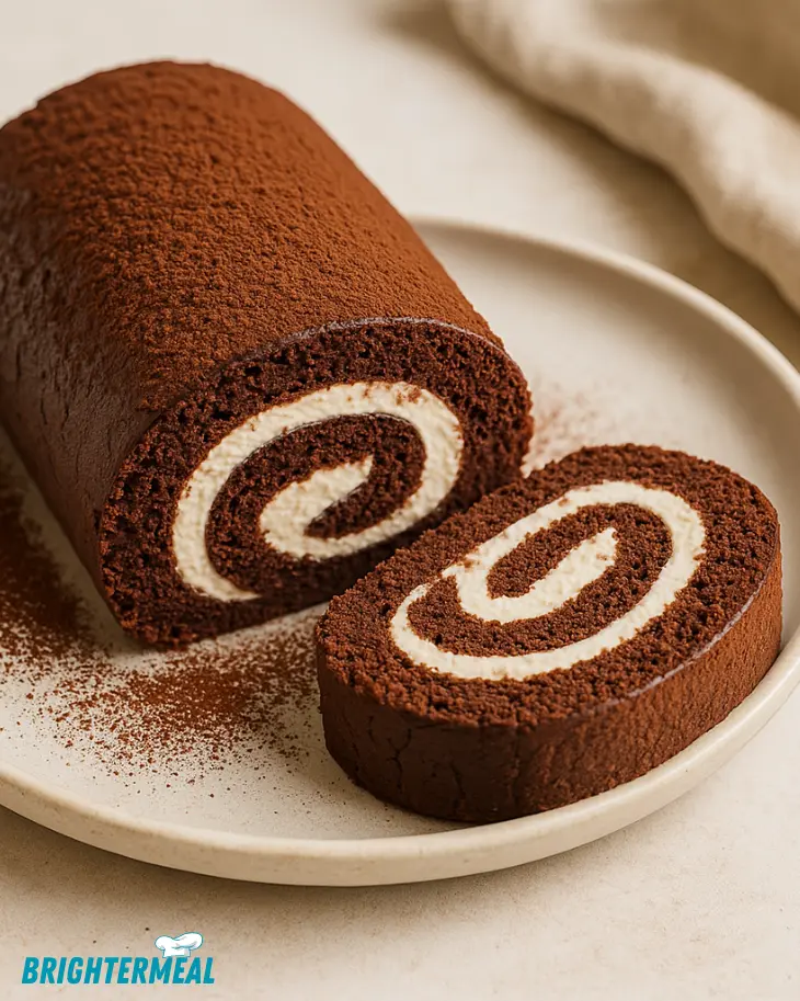 Spiral chocolate dessert slice on a white ceramic plate, lightly dusted with powdered sugar.