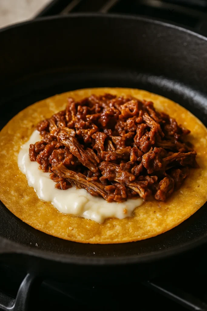 Authentic birria tacos frying in a skillet with melted cheese