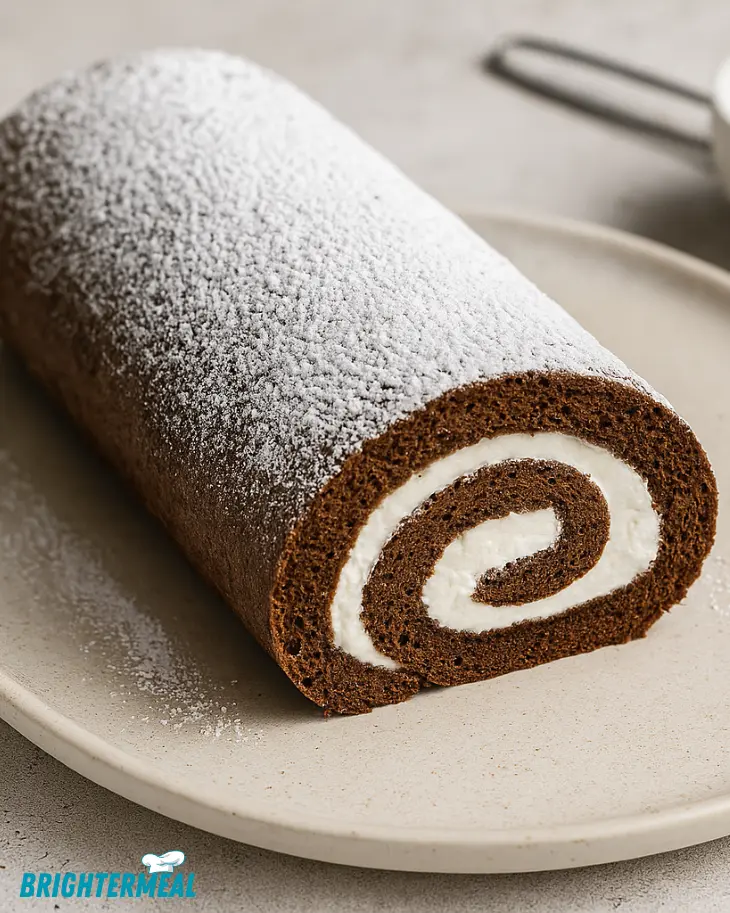 Rolled chocolate sponge cake being filled with whipped cream.