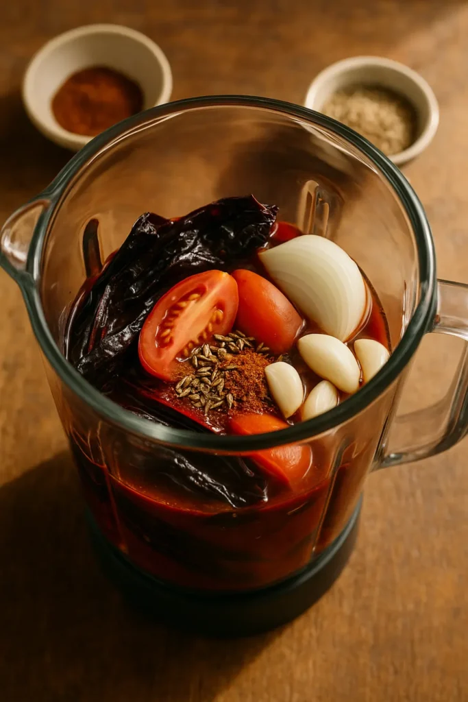 A blender filled with chilies, onion, garlic, and spices