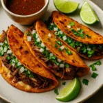Crispy birria tacos served with consommé and lime wedges