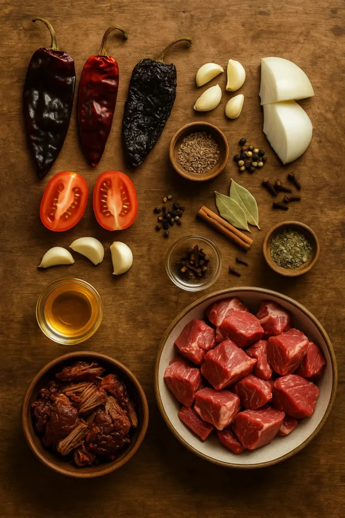 Ingredients laid out for making homemade birria tacos