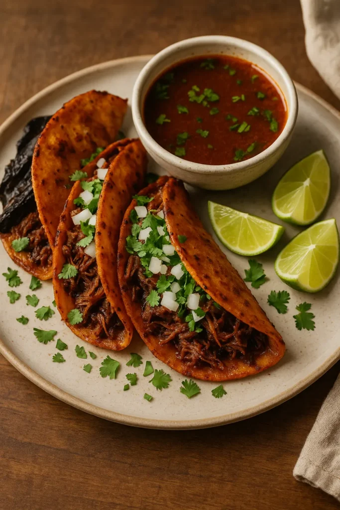 Classic Mexican birria tacos recipe with dipping broth